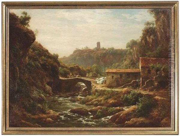 Sudlandische Landschaft Mit Einem Bauerngehoft An Einer Bogenbrucke - view 1