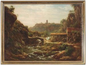 Sudlandische Landschaft Mit Einem Bauerngehoft An Einer Bogenbrucke by Johann Adolf Hoeffler