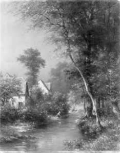 Bewaldete Landschaft Mit Bauernhausern Und Einer Wascherin Am Fluss (hessische Landschaft) by Johann Adolf Hoeffler