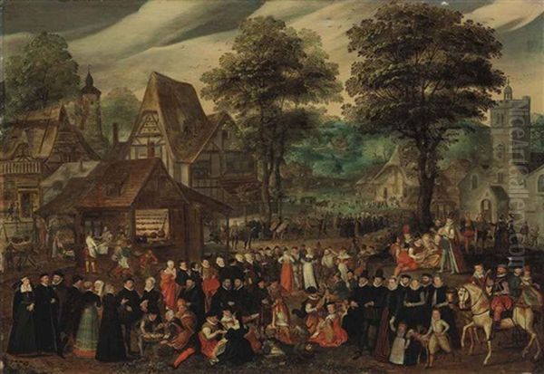 A Village Festival With Elegantly Dressed Figures In Procession, A River And Tower Beyond - view 1