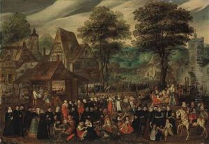 A Village Festival With Elegantly Dressed Figures In Procession, A River And Tower Beyond by Joris Hoefnagel
