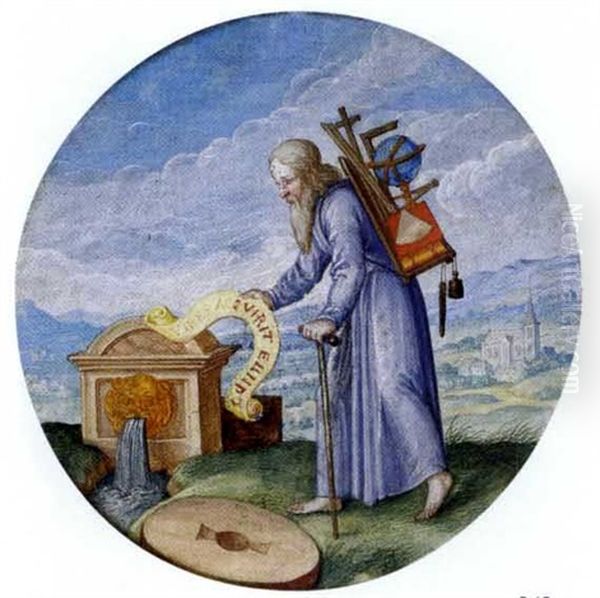 Ein Bartiger Wanderer Mit Einem Traggestell, Auf Dem Sich Globus, Buch, Zirkel, Winkelmas Und Schreibgerat Befinden, Vor Einem Brunnen Und Muhlstein, In Einer Landschaft Mit Kirche - view 1
