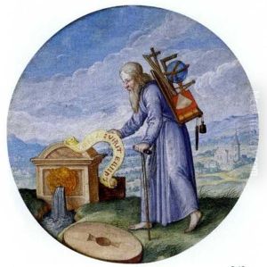 Ein Bartiger Wanderer Mit Einem Traggestell, Auf Dem Sich Globus, Buch, Zirkel, Winkelmas Und Schreibgerat Befinden, Vor Einem Brunnen Und Muhlstein, In Einer Landschaft Mit Kirche by Joris Hoefnagel