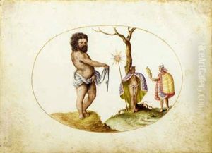A Naked Savage Wearing Gold Earrings With Two Figures Draped In Feathered Capes Holding A Staff With Feathers And A Parrot: Allegory Of America by Joris Hoefnagel