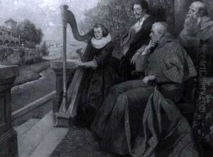 Ein Kardinal Lauscht Auf Seiner Veranda Einer Harfenspielerin by Rudolf August Hoeger