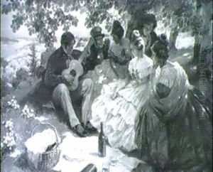 Frohliche Biedermeier - Gesellschaft Beim Picknick Am Hang  Uber Der Donau Bei Wien by Rudolf August Hoeger