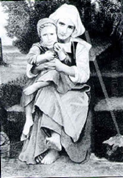 Study Of A Mother Holding A Young Girl With Orange - view 1