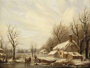 A Winter Landscape With Figures On A Frozen River By A House