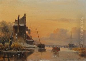 Winter Landscape With Figures On A Frozen River by Cornelis Petrus T' Hoen