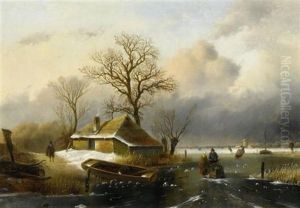 Winterlandschaft Mit Schlittschuhlaufern Auf Zugefrorenem Fluss