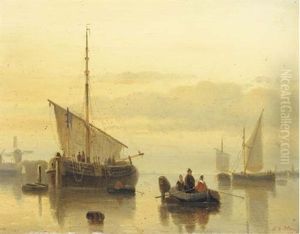 A Calm: Shipping In An Estuary At Dusk by Cornelis Petrus T' Hoen