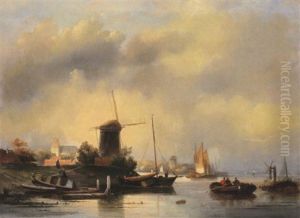 Hollandisches Stadtchen Am Wasser Mit Windmuhle