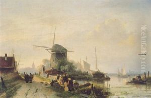 Figures In A River Landscape Near A Windmill Figures In A River Landscape Near A Windmill