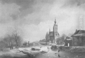 Winterlandschaft Mit Eislaufern Und Gotischer Kirche