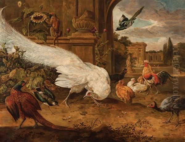A White Peacock With Pheasant, Monkey And Other Animals In An Arcadian Setting - view 1