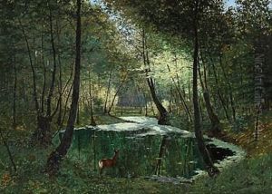 Deer Near A Lake In The Woods by Max Hoenow