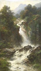 Wasserfall Im Gebirge. by August Hoerter