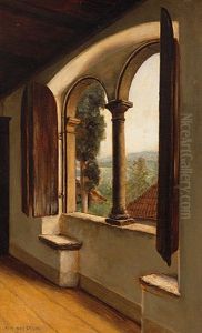 Blick Durch Das Bogenfenster Eines Palazzos In Hugelige Landschaft
