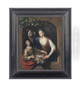 A Lady Holding Grapes, And A Boy With A Basket Of Fruit, In An Architectural Niche A Lady Holding Grapes, And A Boy With A Basket Of Fruit, In An Architectural Niche