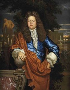 Portrait Of A Gentleman In A Blue Velvet Jacket With An Ochre Wrap, Standing In A Park Landscape With The Statue Of The Farnese Hercules Beyond Portrait Of A Gentleman In A Blue Velvet Jacket With An Ochre Wrap, Standing In A Park Landscape With The Statue Of The Farnese Hercules Beyond