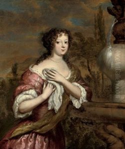 Portrait Of A Lady In A Pink Dress And White Chemise, By A Classical Fountain by Gerard Hoet