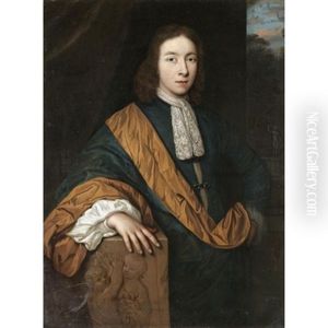 Portrait Of A Gentleman, Three-quarter Length, Wearing A Blue Cloak With A Yellow Sash