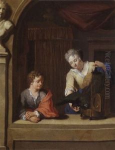 Deux Enfants Jouant Avec Un Perroquet Dans L'embrasure D'une Fenetre by Gerard Hoet