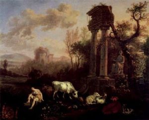 Hirtin Mit Herde In Einer Landschaft Mit Antiken Ruinen by Gerard Hoet