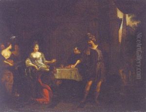 A Courtier Before A Queen In An Interior by Gerard Hoet
