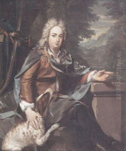 A Portrait Of A Gentleman Seated On A Stone Bench With His Dog And An Extensive Landscape Beyond