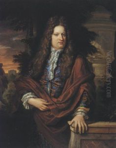 Portrait Of A Gentleman In A Blue Coat And A Maroon Cloak, His Hand Upon A Marble Balustrade