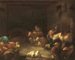Barn Interior With Farmers Tending To Their Animals by Gerard Hoet