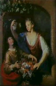A Young Woman At A Window Holding A Bunch Of Grapes Aloft Which She Has Selected From A Basket Of Assorted Fruit... A Young Woman At A Window Holding A Bunch Of Grapes Aloft Which She Has Selected From A Basket Of Assorted Fruit...