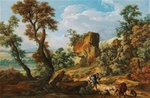 A Southern Landscape With Shepherds And Their Flock by Johann Samuel Hoetzendorf