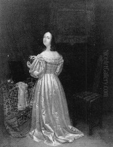 Portret Van Een Vrouw In Een Satijnen Jurk by Cornelis Willem Hoevenaar the Elder