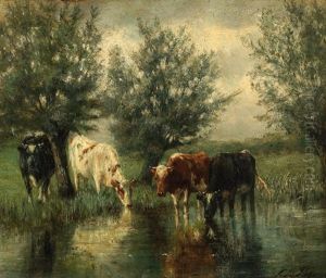 Cows By A Lake by Cornelis Willem Hoevenaar the Younger