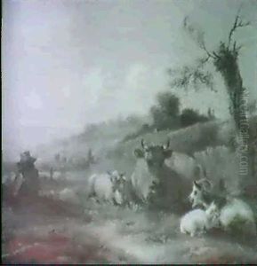 Baumbestandene Hugellandschaftmit Rastender Kuh, Umgeben Vonschaf Und Ziegen, Links Auf Einem Grashang Sitzt Ein...... by Adrianus Hoevenaar