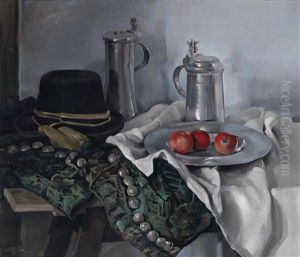 Stilleben Mit Hut, Zinnkannen Und Teller Mit Apfeln by Louis Hofbauer