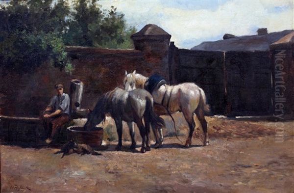 Drinkende Paarden Op Een Erf - view 1