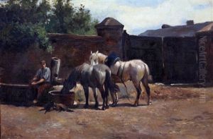 Drinkende Paarden Op Een Erf by Willem Jacob Hofdijk
