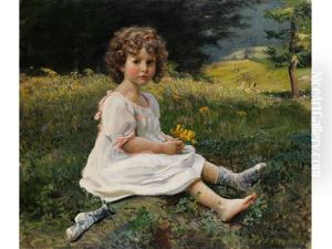 Bildnis Eines Kleinen Madchens In Weissem Kleid Auf Einer Blumenwiese Vor Einem Waldrand