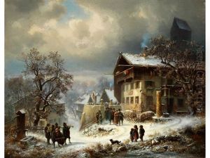 Verschneites Oberbayerisches Dorf Mit Festgesellschaft Und Musikkapelle Im Freien