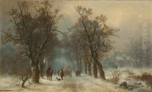 Figures And Horse Wagon On A Snowy Wooded Road