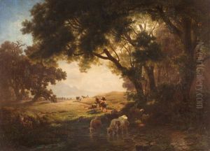Vorgebirgslandschaft Mit Schafen Und Rindern by Heinrich Hofer