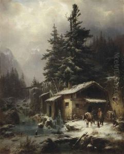 A Winter Landscape With Figures Resting Near A Water Mill A Winter Landscape With Figures Resting Near A Water Mill