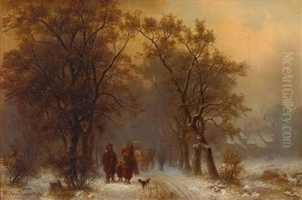Bauern Auf Winterlicher Allee Bei Einem Dorf - view 1