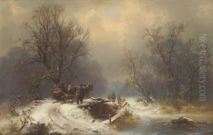 A Winter Landscape With Figures Beside A Horse-drawn Sledge, A Dog Nearby