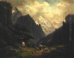 Hirte Mit Seiner Herde Im Lauterbrunnental Vor Einer Alm