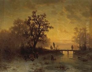 A Winter Landscape At Sunset With Figures by Heinrich Hofer