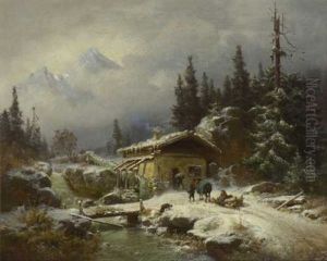 Muhle In Winterlicher Gebirgslandschaft by Heinrich Hofer